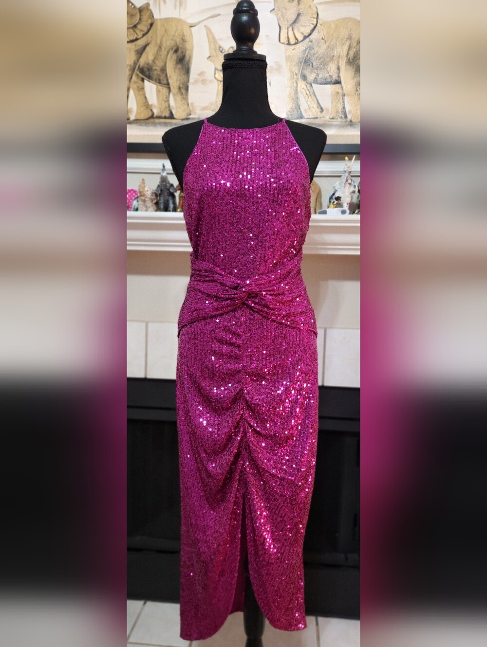 Badgley Mischka Fuchsia Sequin Halter Midi Dress